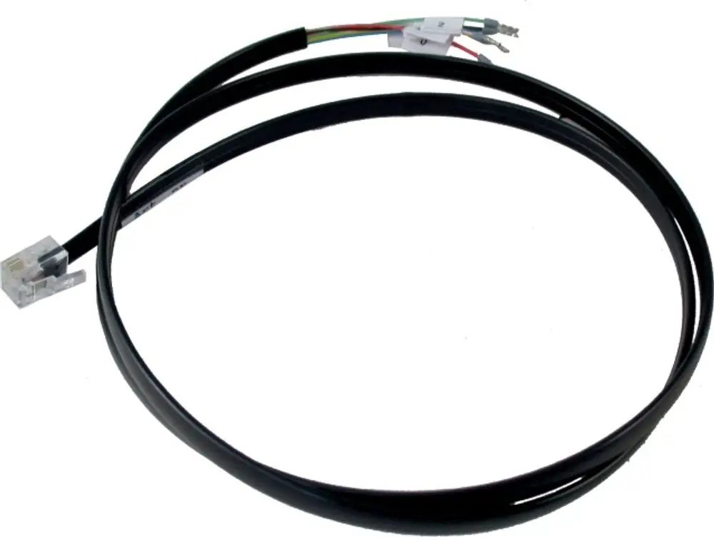 Schwarzes RJ12-Kabel mit einem klaren Stecker auf der einen Seite und offenen Kabelenden auf der anderen, geeignet für verschiedene Anwendungen, von der Marke Wolf.
